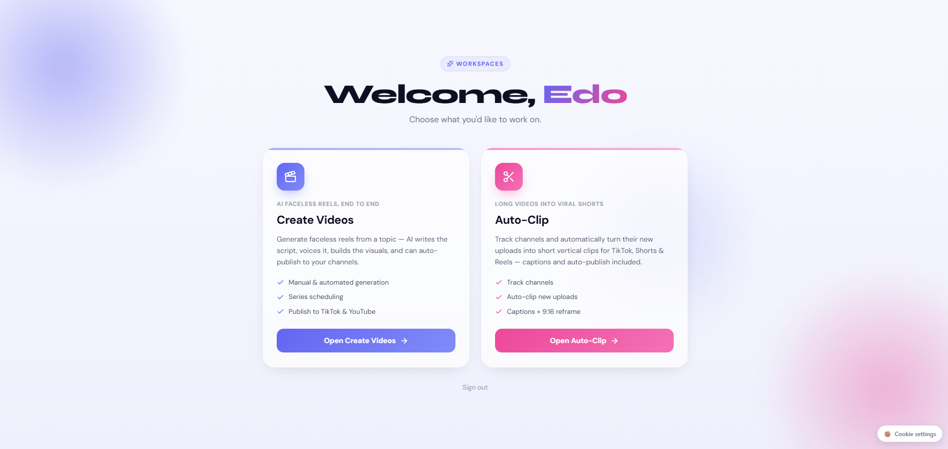 AI Reel Studio workspace for creating and managing reels
