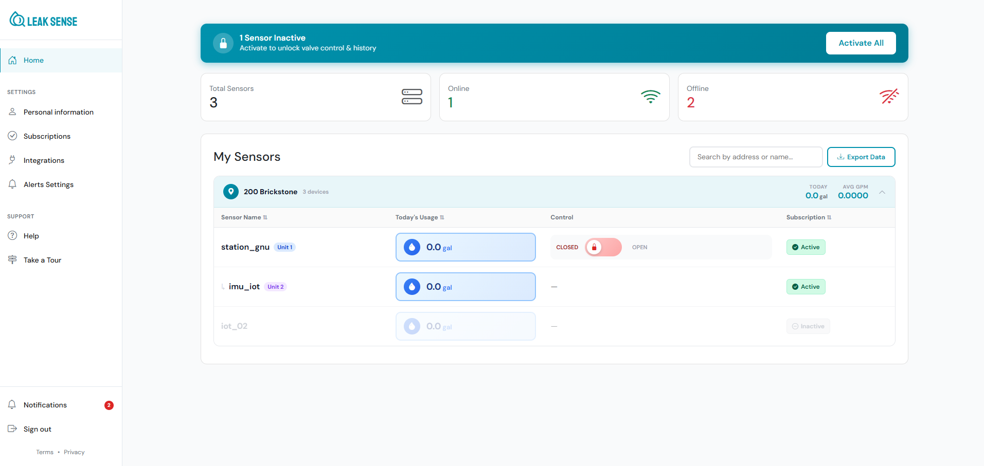 LeakSense user dashboard showing subscription and device status