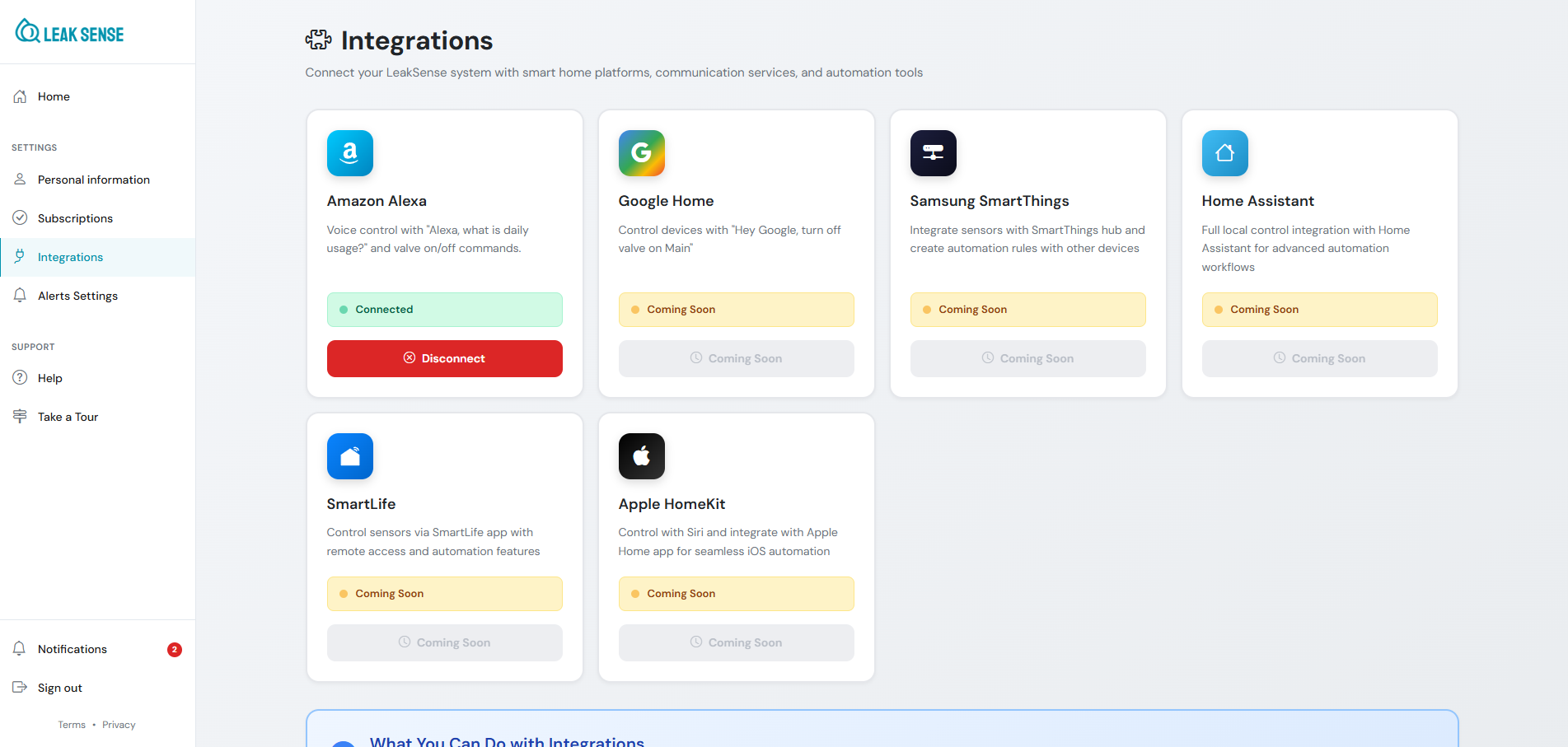 LeakSense smart home integrations