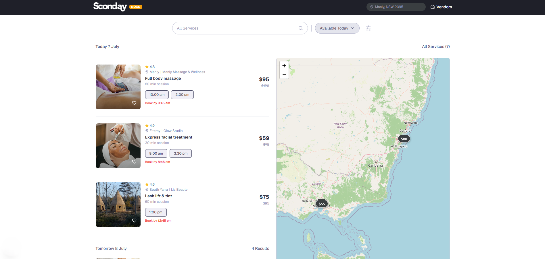 Soonday service search and booking view